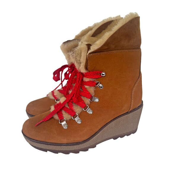J.Crew Nordic Wedge Nubuck Faux Fur Lined Boots in Glazed Pecan Red Laces Size 9 - Picture 4 of 12